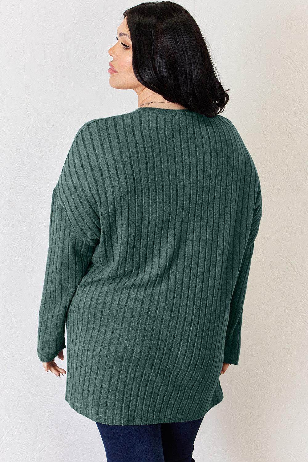 Basic Bae Full Size Ribbed Half Button Long Sleeve T-Shirt - Selvanelle