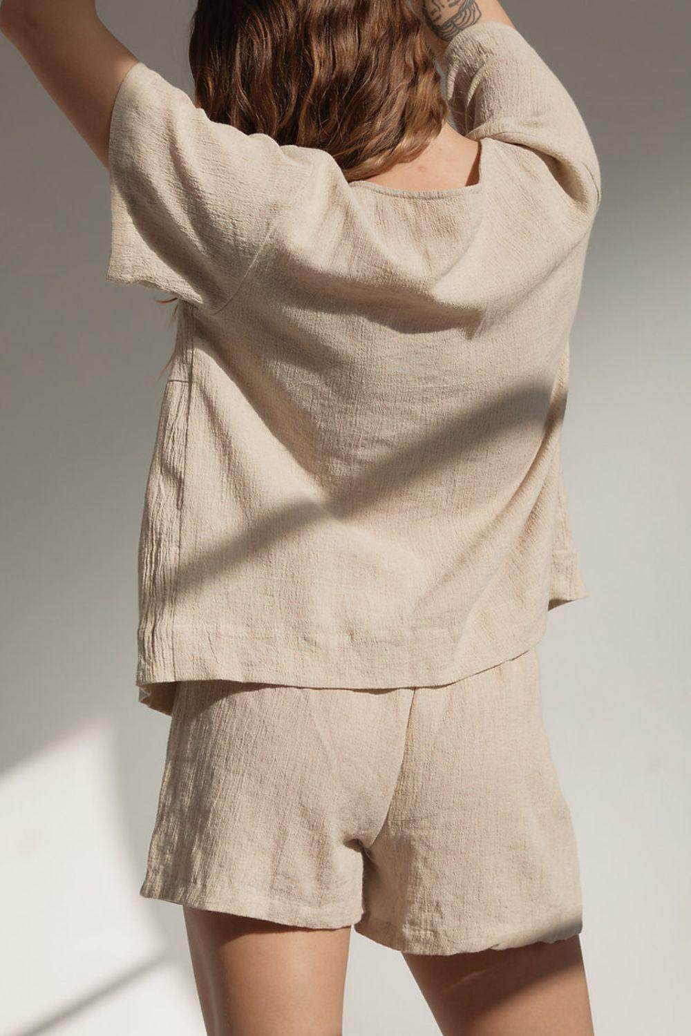 Plaid Tied Scoop Neck Short Sleeve Top and Drawstring Shorts Set - Selvanelle