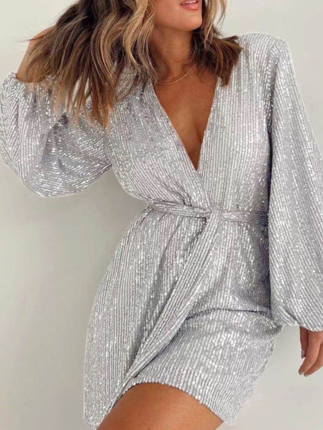 Full Size Sequin Surplice Tie Waist Long Sleeve Romper - Selvanelle