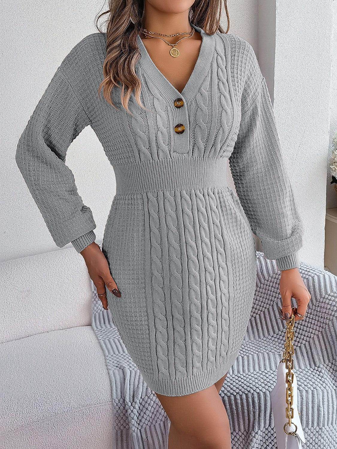 Buttoned Cable-Knit V-Neck Sweater Dress for Women - Selvanelle