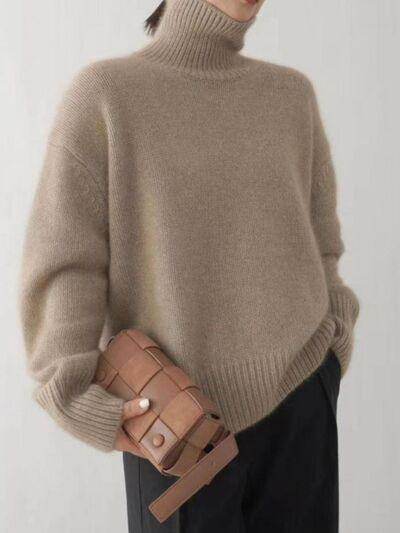 Turtleneck Dropped Shoulder Long Sleeve Sweater for Women - Selvanelle