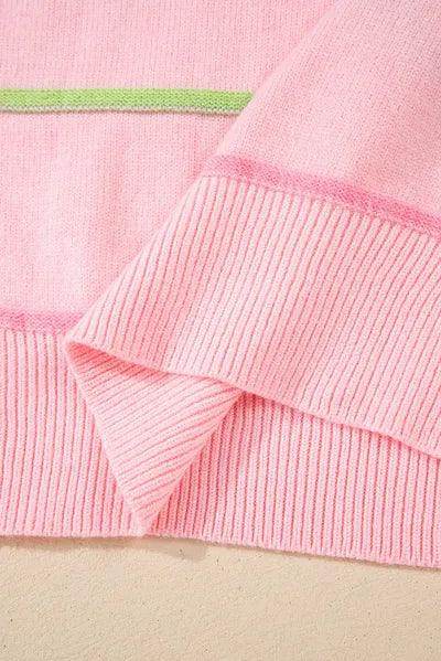 Contrast Striped Half Button Round Neck Sweater for Women - Selvanelle