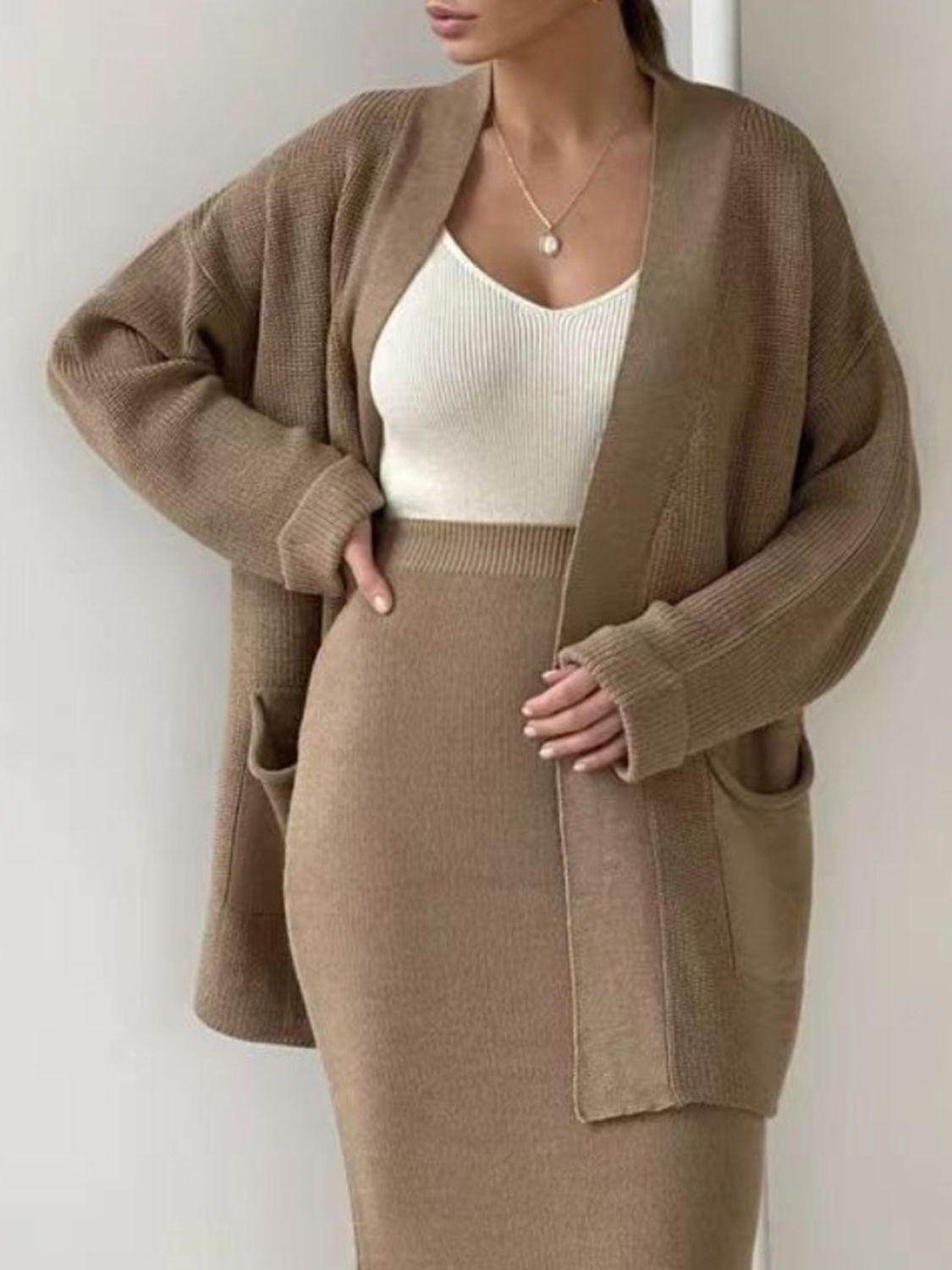 Pocketed Long Sleeve Cardigan and Skirt Sweater Set - Selvanelle