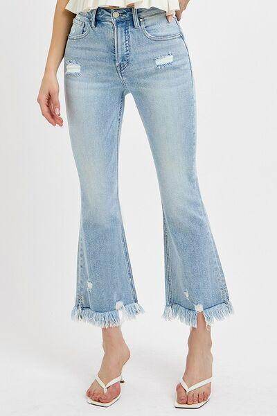 RISEN Full Size Raw Hem Distressed Cropped Flare Jeans Plus Size - Selvanelle