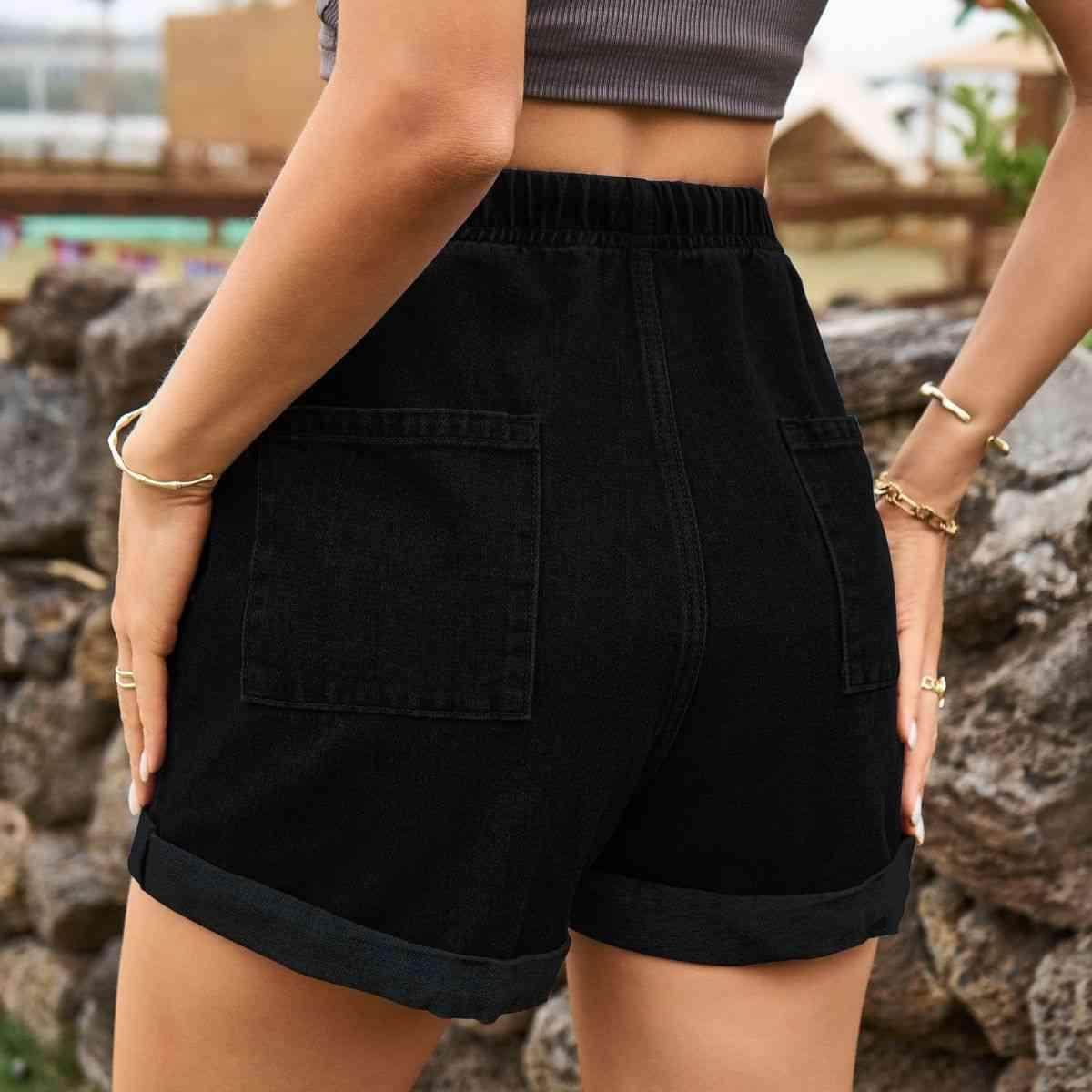 Drawstring High Waist Denim Shorts with Pockets for Women - Selvanelle