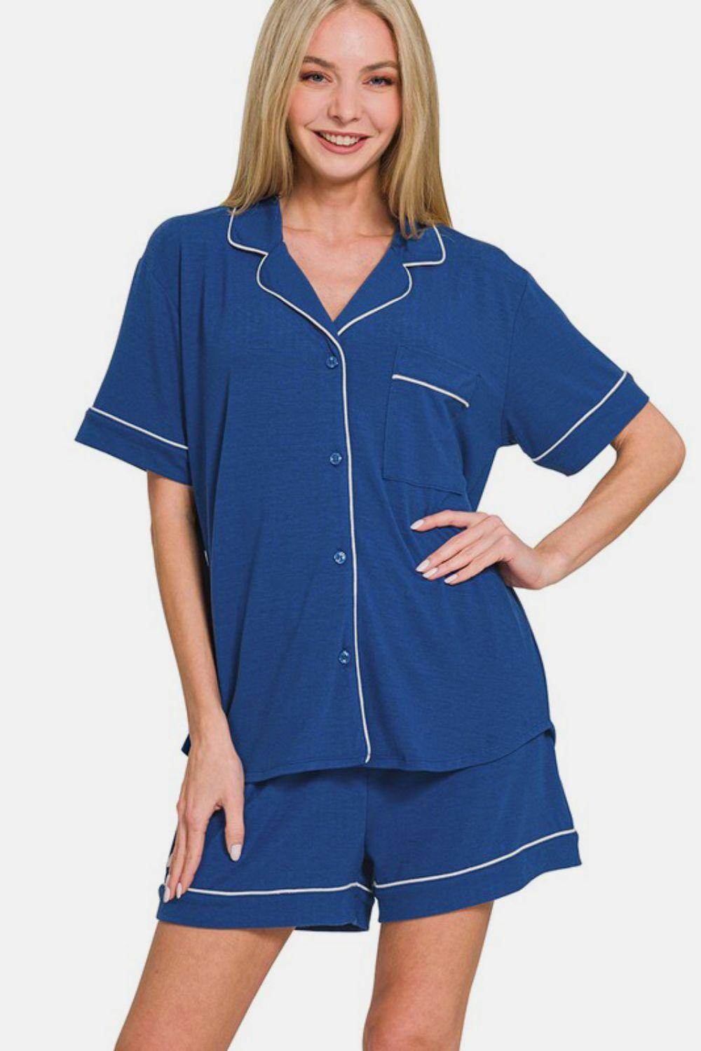Zenana Button Down Short Sleeve Top and Shorts Lounge Set - Selvanelle