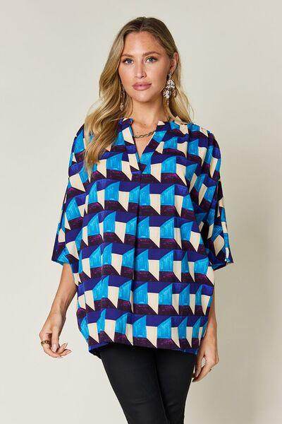 Double Take Full Size Geometric Notched Half Sleeve Blouse - Selvanelle