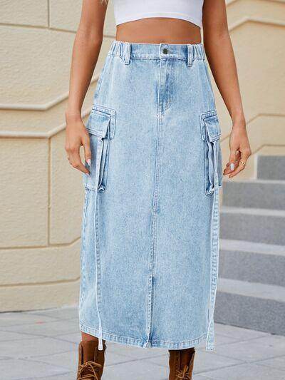 Slit Pocketed High Waist Denim Skirt for Women - Selvanelle