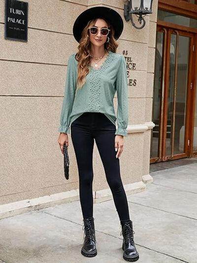 Lace Detail Eyelet V-Neck Flounce Sleeve Blouse for Women - Selvanelle