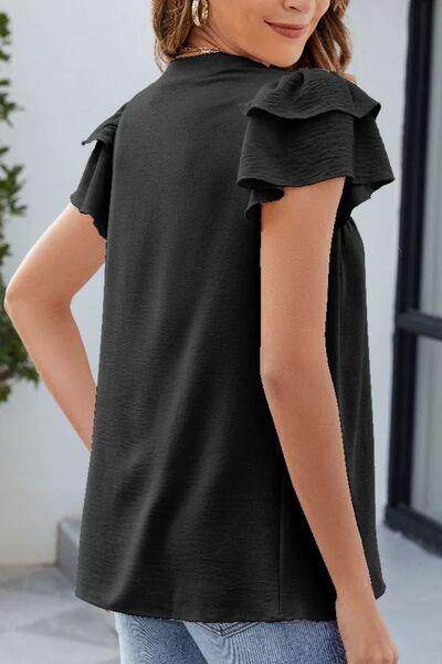 Ruffled Notched Short Sleeve Blouse for Women Stylish Wear - Selvanelle