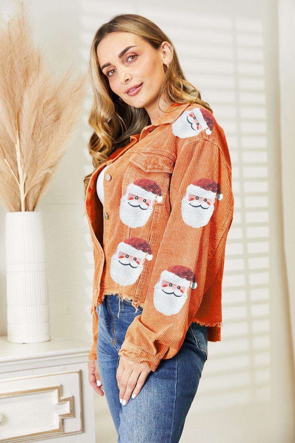 Santa Sequin Raw Hem Jacket with Pockets and Buttons - Selvanelle