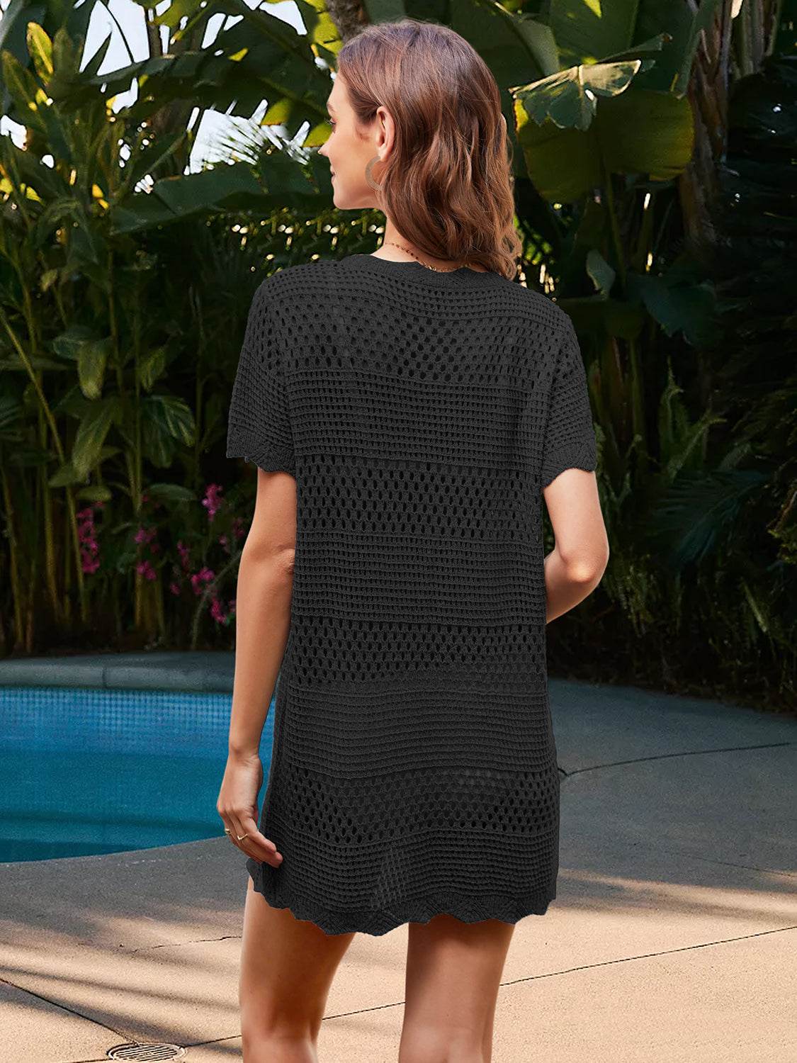 Openwork Round Neck Short Sleeve Cover-UP - Selvanelle