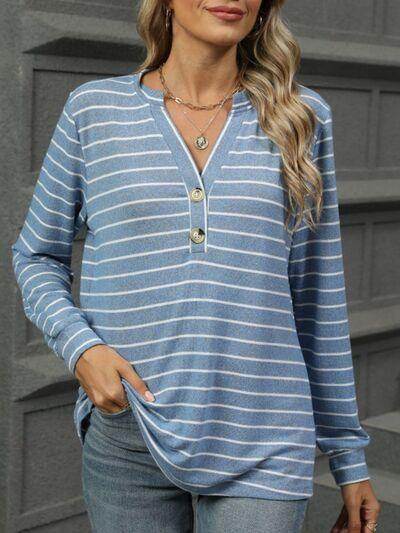 Striped Notched Long Sleeve T-Shirt for Casual Style - Selvanelle