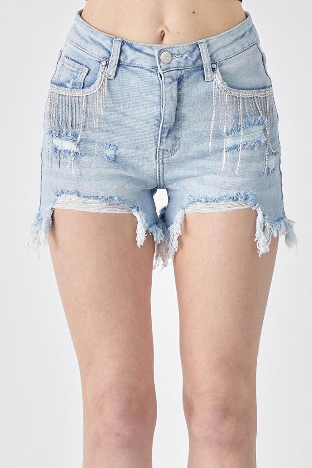 RISEN Frayed Hem Denim Shorts with Fringe Detail Pockets - Selvanelle