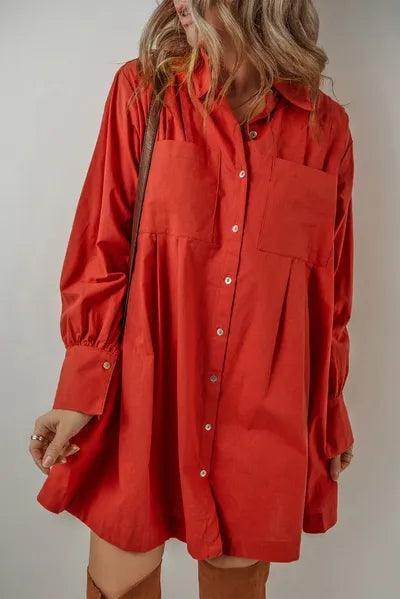 Pocketed Button Down Long Sleeve Shirt Dress for Women - Selvanelle