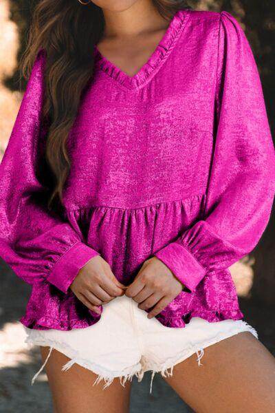 Frill V-Neck Long Sleeve Blouse for Stylish Women - Selvanelle