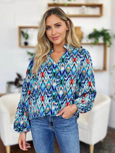 Double Take Full Size Printed Balloon Sleeve Blouse for Women - Selvanelle