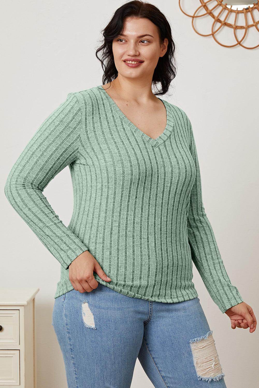 Basic Bae Full Size Ribbed V-Neck Long Sleeve T-Shirt - Selvanelle