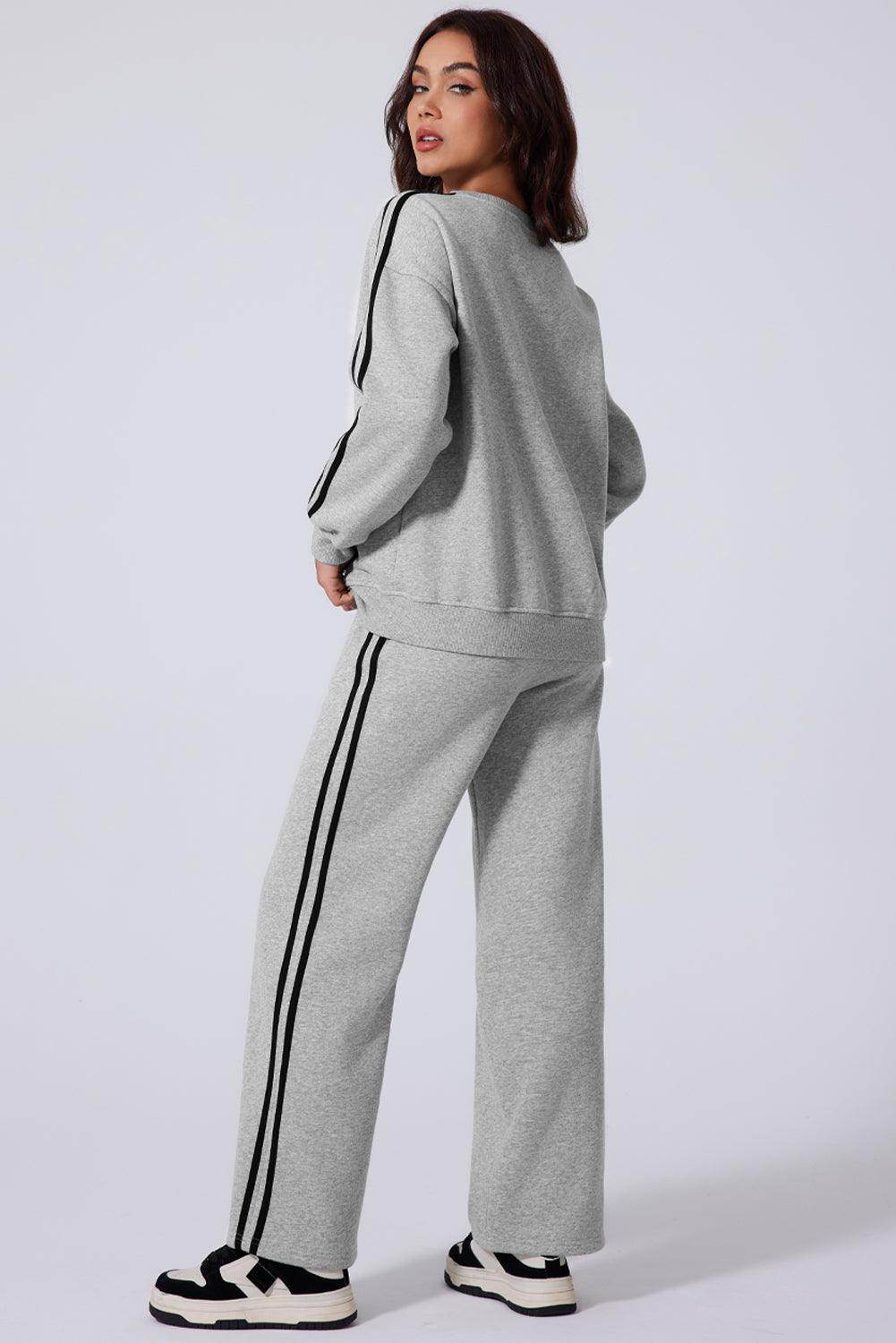 Side Striped Round Neck Top and Pants Active Set for Women - Selvanelle