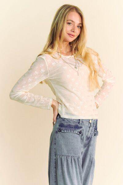 Davi & Dani Bow Mesh Round Neck Long Sleeve Top for Women - Selvanelle