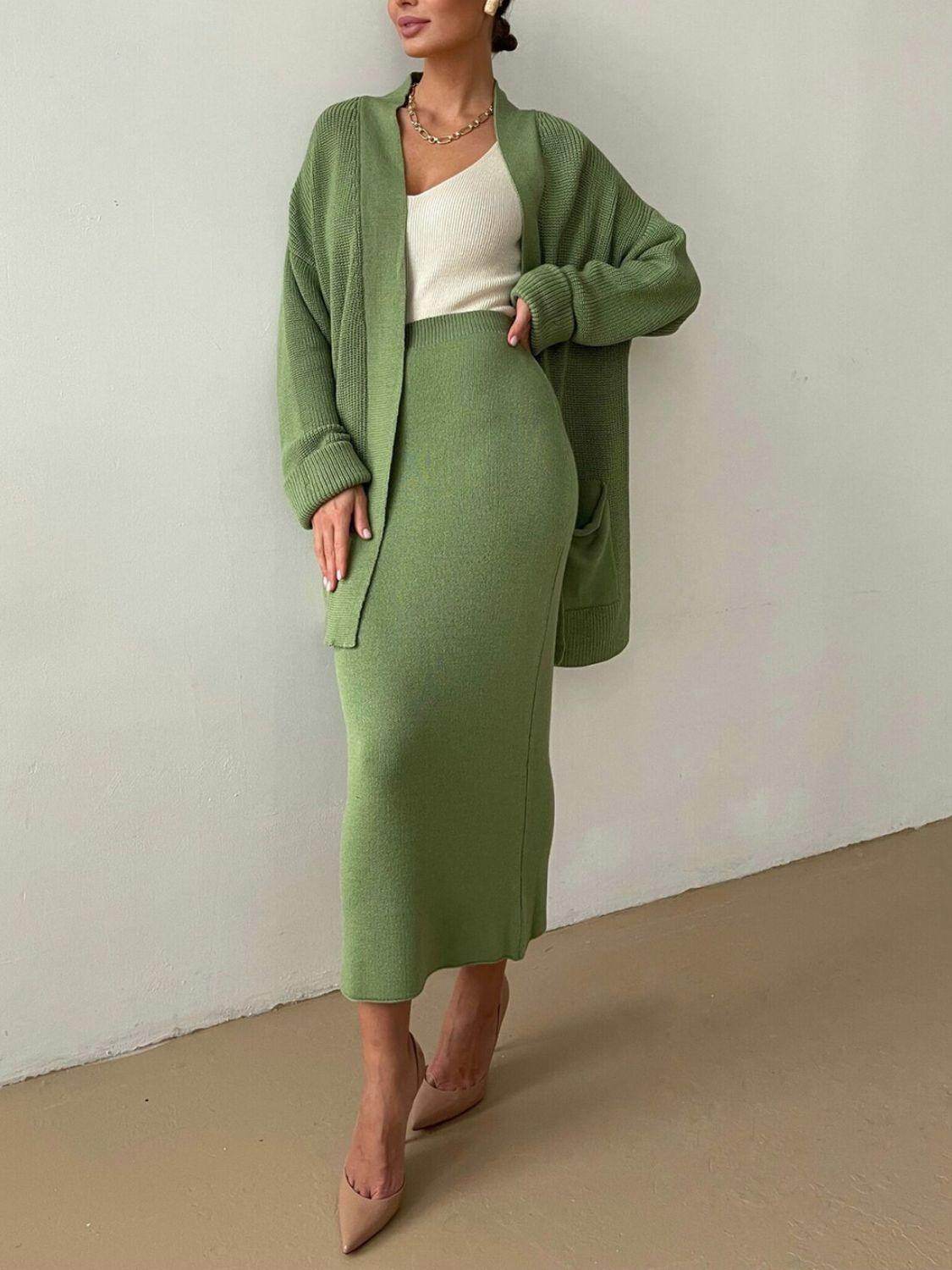 Pocketed Long Sleeve Cardigan and Skirt Sweater Set - Selvanelle
