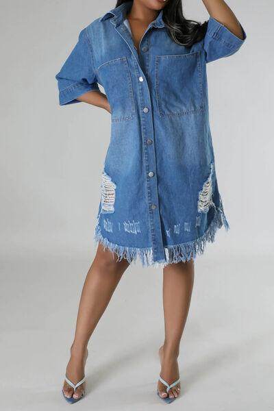 Distressed Raw Hem Button Up Denim Dress for Women - Selvanelle