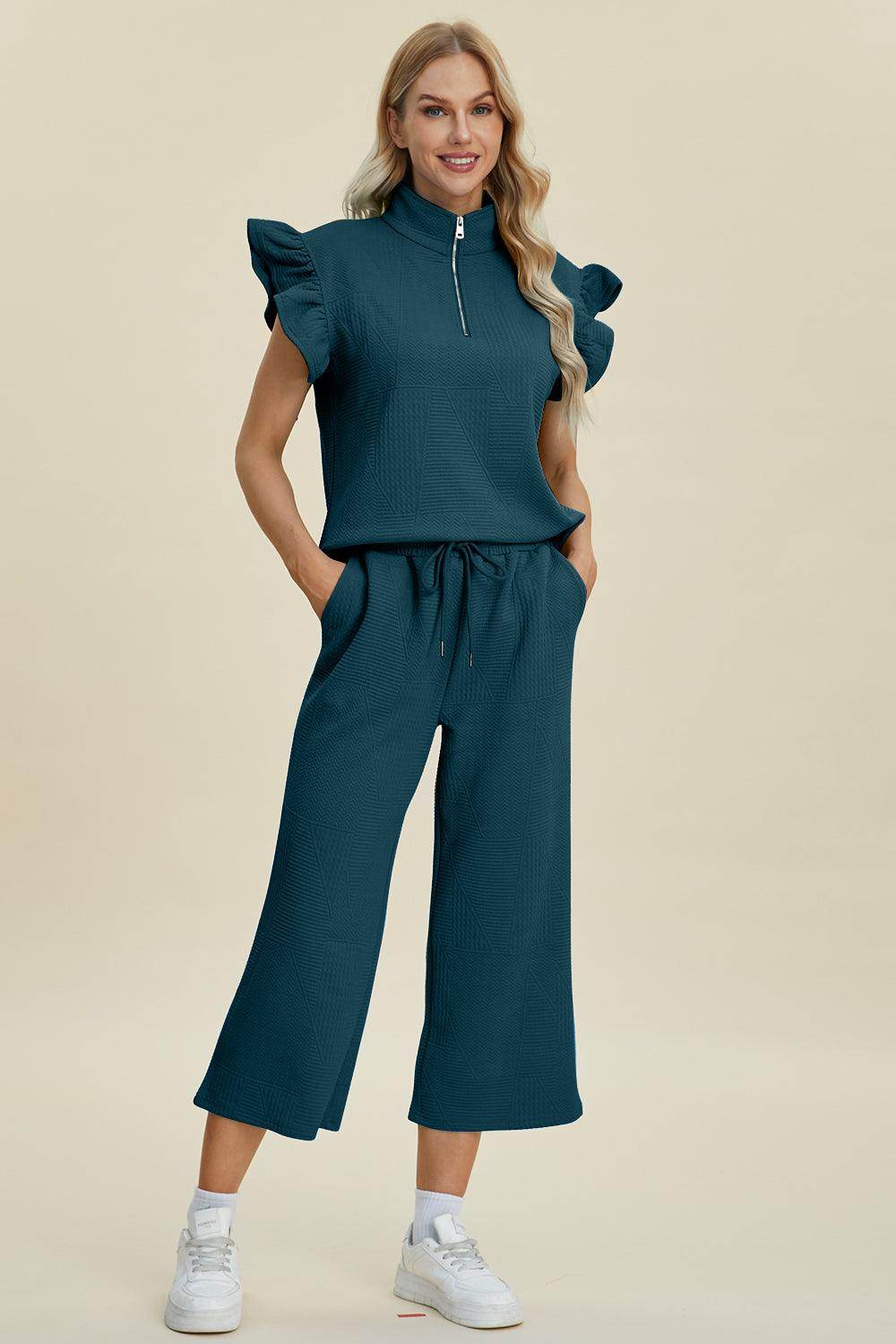 Double Take Full Size Texture Ruffle Top and Pants Set - Selvanelle