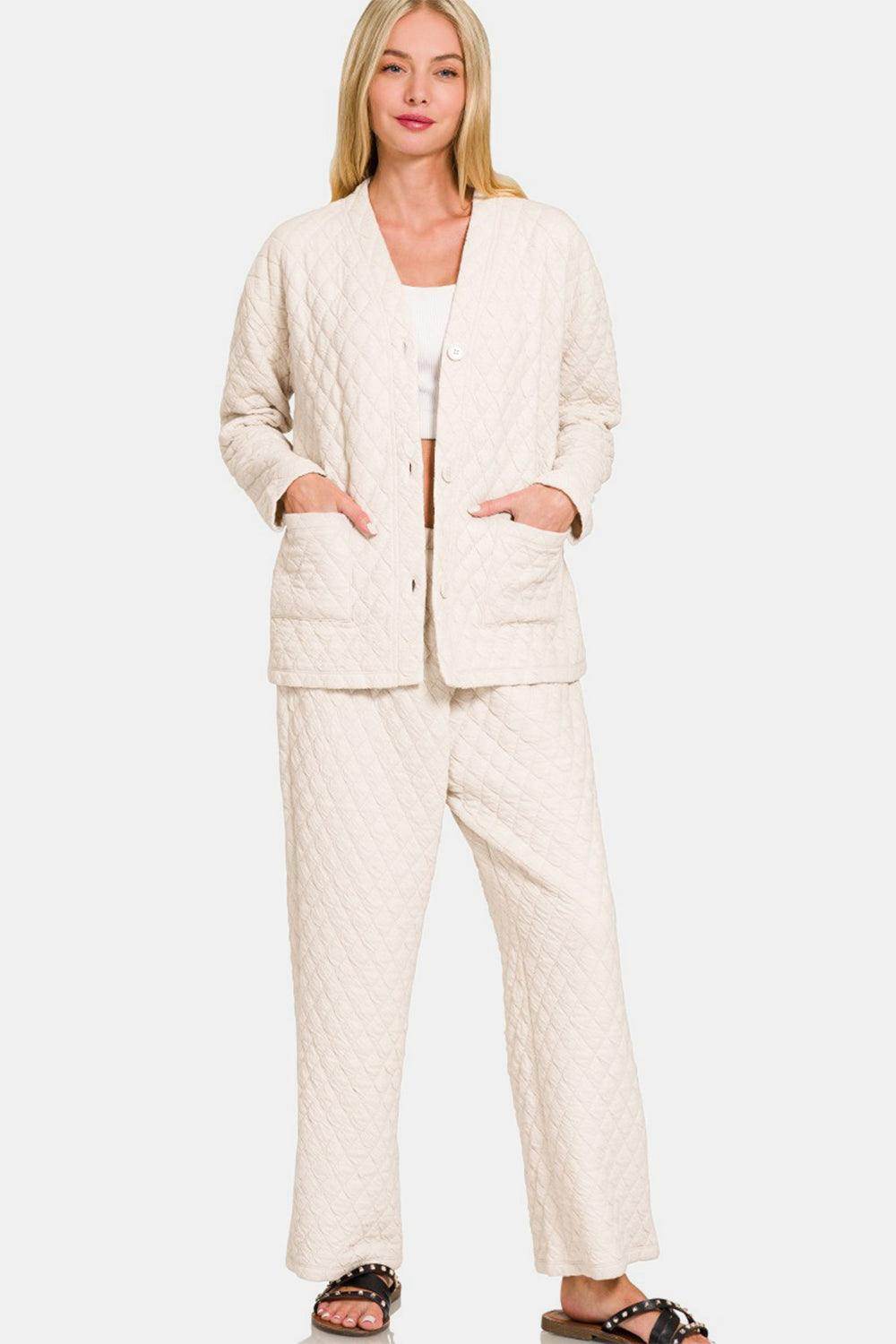 Zenana Quilted Button Up Long Sleeve Top and Pants Set - Selvanelle