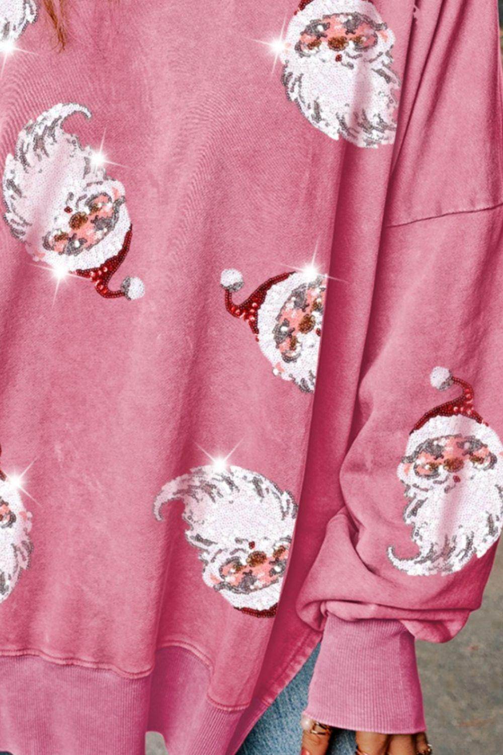 Sequin Santa Drop Shoulder Slit Sweatshirt for Women - Selvanelle