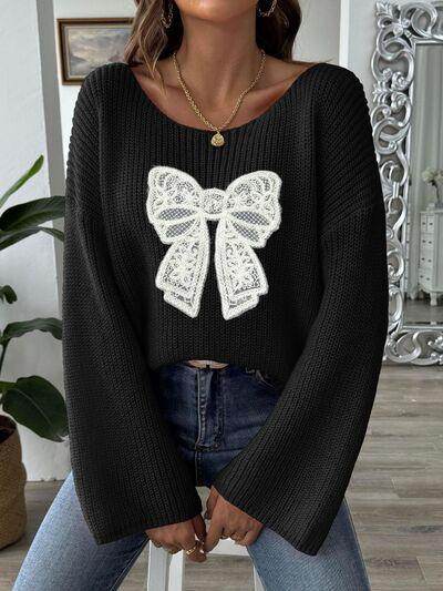 Bow Boat Neck Long Sleeve Sweater for Women Fashion - Selvanelle