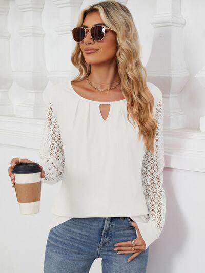 Cutout Round Neck Long Sleeve T-Shirt with Lace Detail - Selvanelle