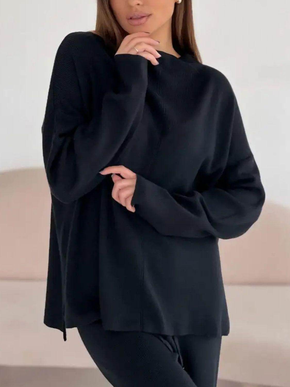 Slit Mock Neck Top and Pants Sweater Set for Women - Selvanelle