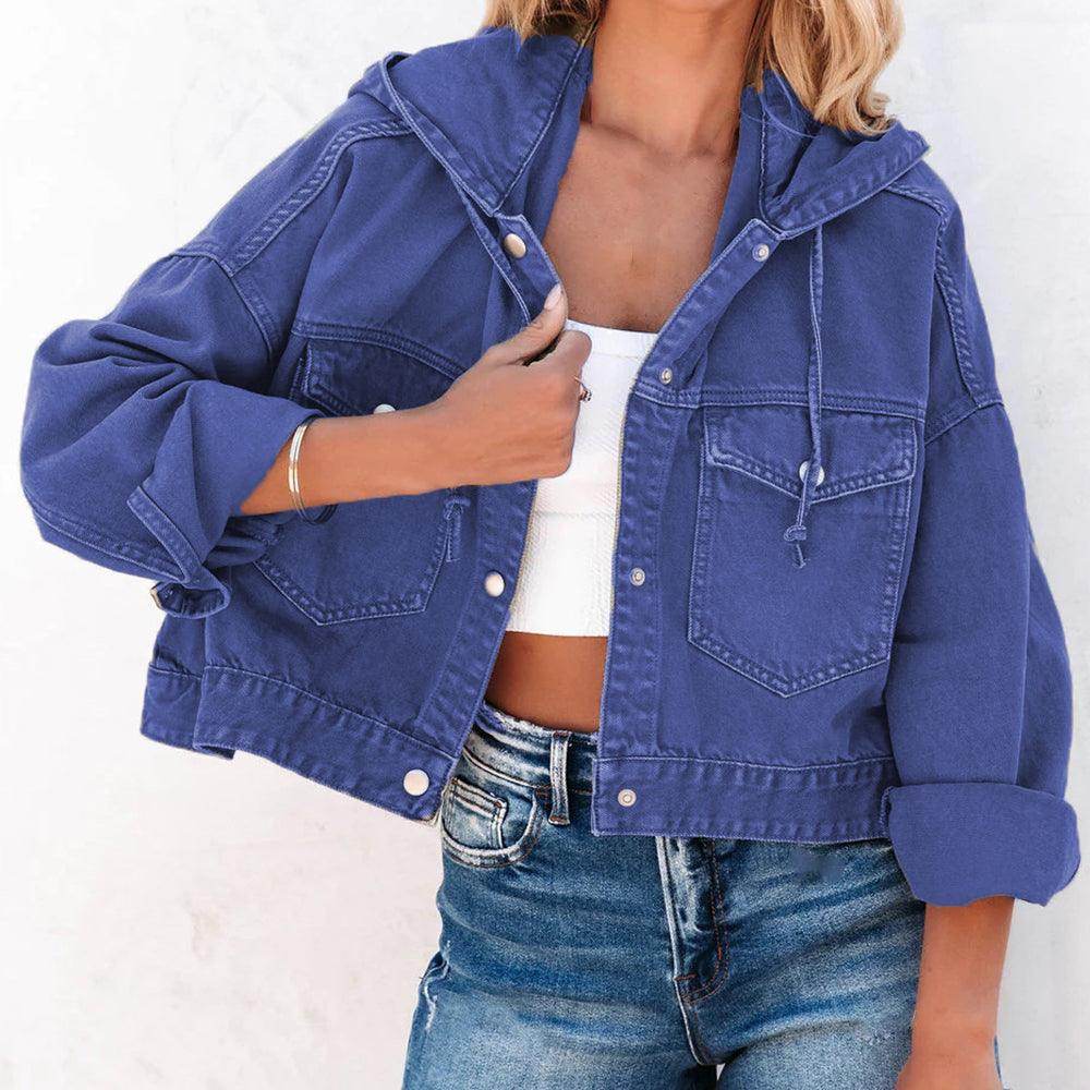 Hooded Dropped Shoulder Denim Jacket for Women Casual Wear - Selvanelle