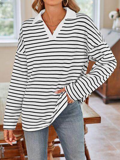 Lovelet Striped Johnny Collar Long Sleeve T-Shirt for Women - Selvanelle