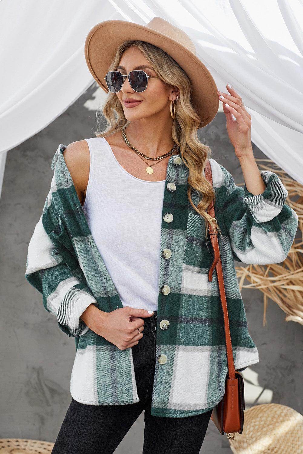 Plaid Button Up Dropped Shoulder Jacket for Women Stylish - Selvanelle