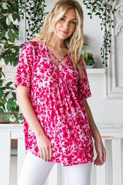 Heimish Full Size Short Sleeve Crisscross Animal Babydoll Top Plus Size - Selvanelle