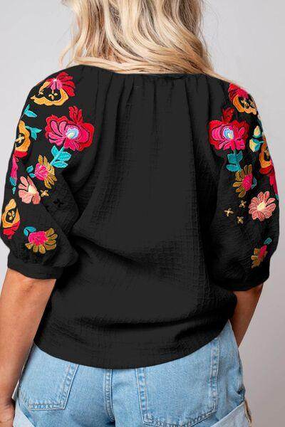 Floral Embroidered Notched Puff Sleeve Blouse for Women - Selvanelle