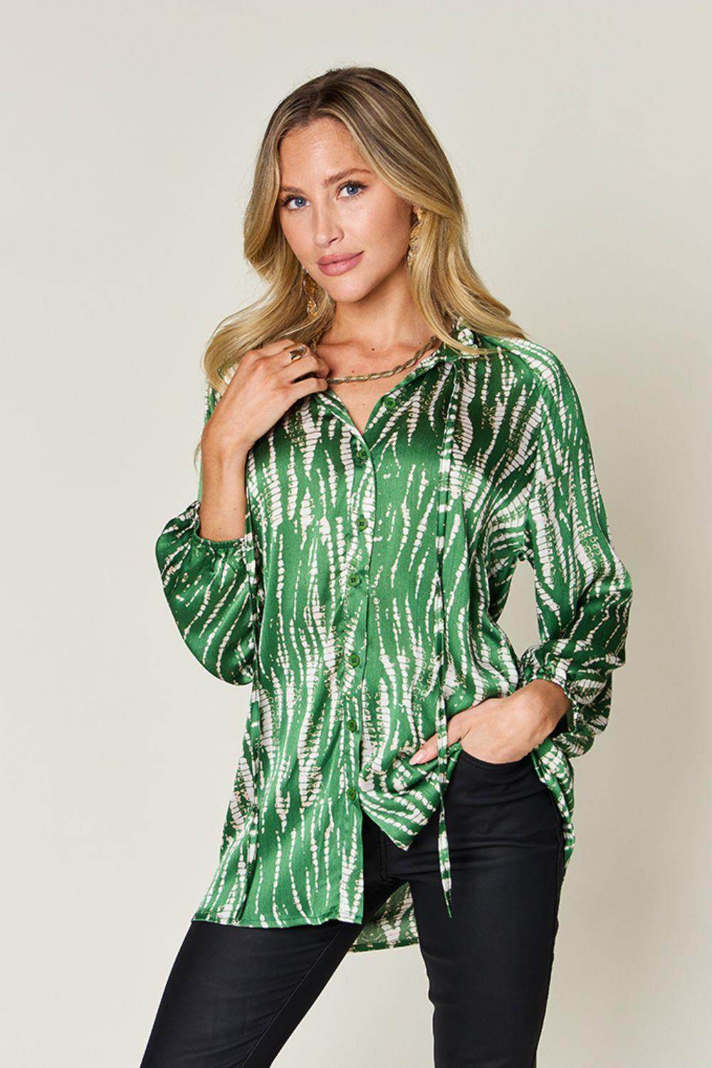 Double Take Full Size Printed Button Up Long Sleeve Shirt - Selvanelle