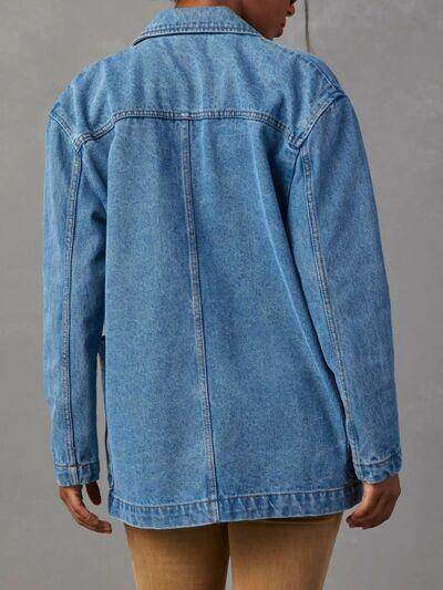 Pocketed Lapel Collar Long Sleeve Denim Jacket for Women - Selvanelle