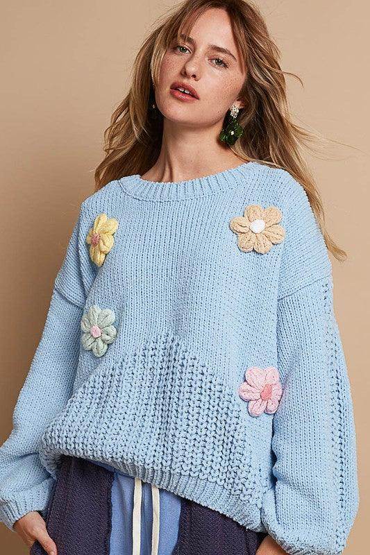 POL Crochet Flower Round Neck Dropped Shoulder Sweater Chic - Selvanelle