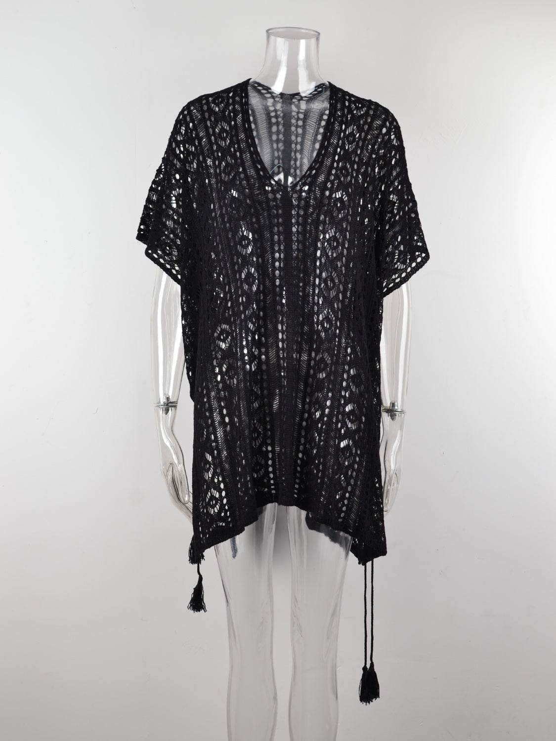 Angel Wings Cutout V-Neck Cover-Up with Tassel - Selvanelle