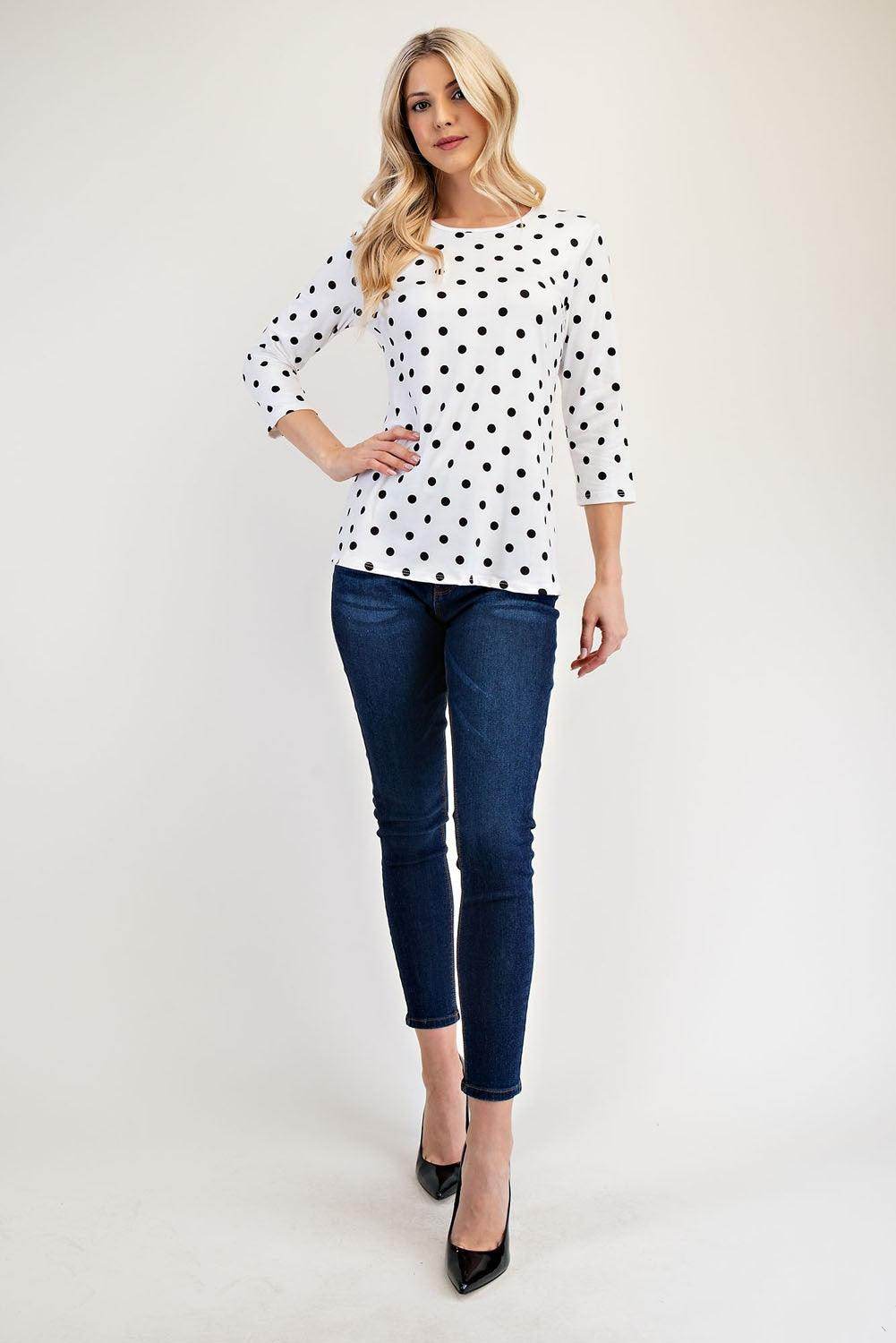 Celeste Full Size Polka Dot Three-Quarter Sleeve T-Shirt - Selvanelle