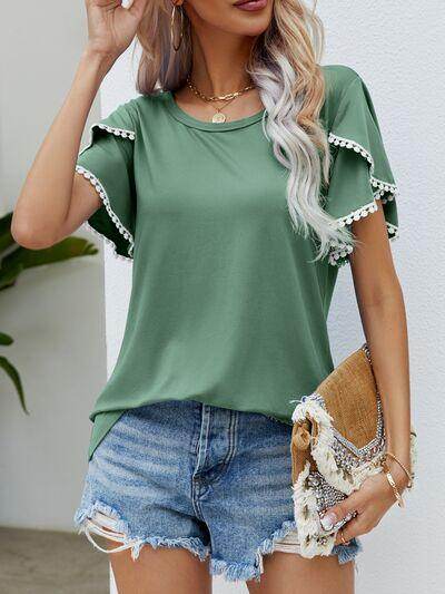 Pom-Pom Trim Flutter Sleeve Round Neck T-Shirt for Women - Selvanelle