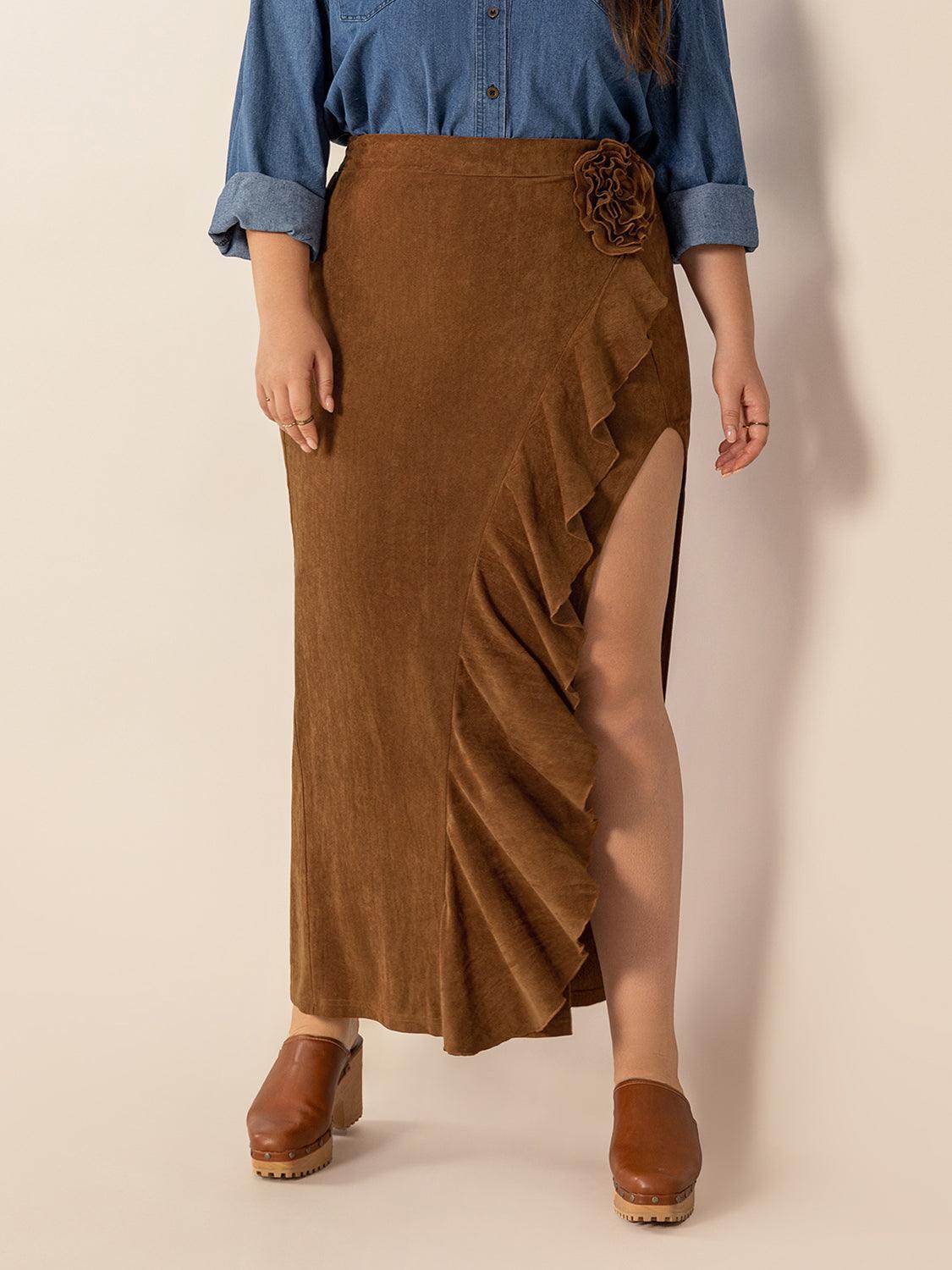 Plus Size Ruffled Slit High Rise Skirt for Stylish Comfort - Selvanelle