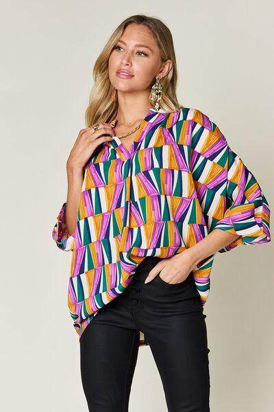 Double Take Full Size Geometric Notched Dolman Sleeve Top - Selvanelle