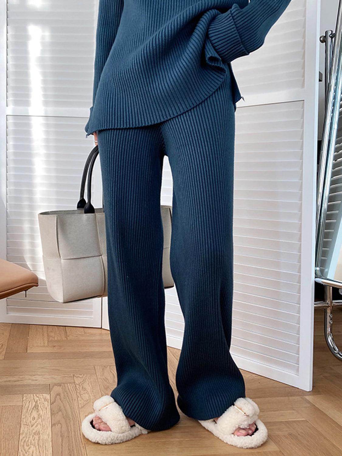 Mock Neck Raglan Sleeve Top and Pants Sweater Set for Women - Selvanelle