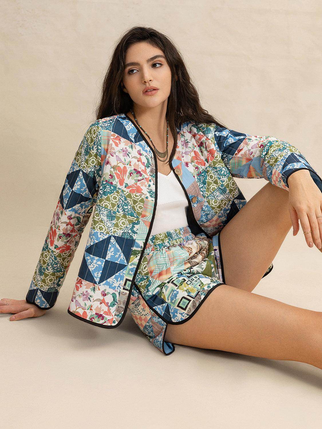 Printed Button Up Long Sleeve Outerwear and Shorts Set - Selvanelle