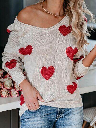 Heart Scoop Neck Long Sleeve Sweater for Women Cozy Style - Selvanelle