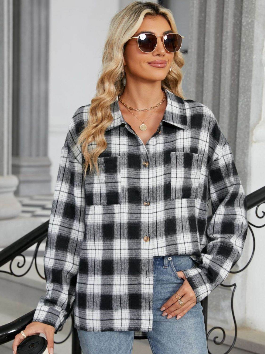 Plaid Collared Neck Long Sleeve Shirt - Selvanelle
