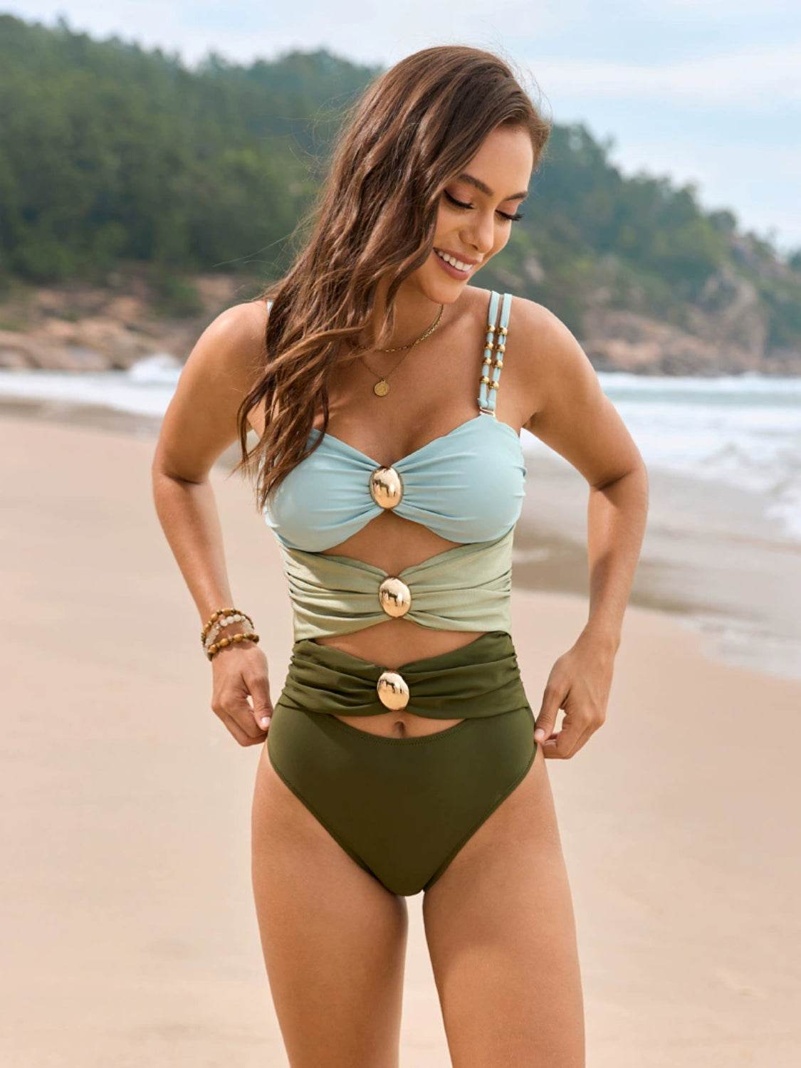 Color Block Sweetheart Neck One-Piece Swimwear - Selvanelle